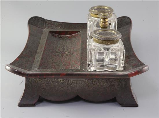 A William IV ormolu and red boullework ink stand, width 14in. depth 11.5in.